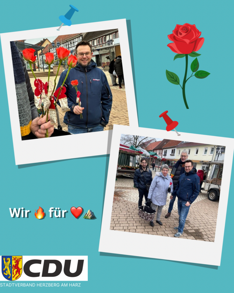 Simon Schlonsog und die CDU Herzberg verteilen Rosen zum Valentinstag.